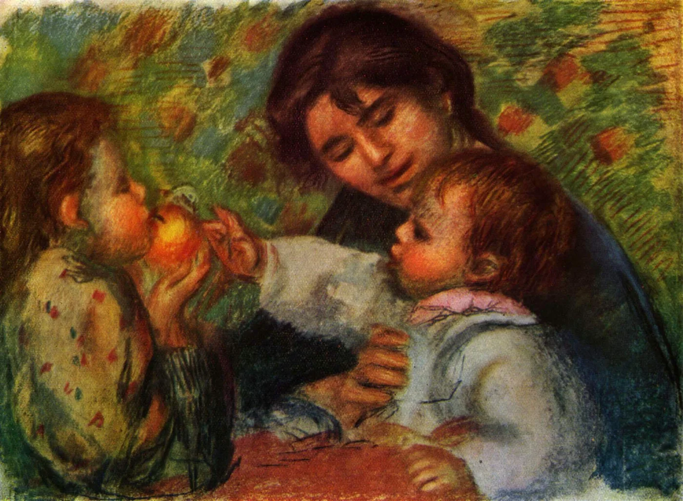 A woman feeding a piece of fruit to a young child beside another girl at a table, in green, warm orange, and soft pink