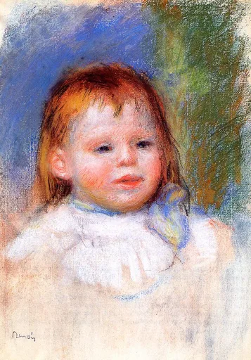 A pastel sketch of a young child with reddish hair and a white ruffled collar, against a soft blue and green background.