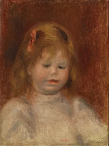 A young child with a small ribbon in tousled blond hair looks downward in a white smock, against a deep reddish-brown background, in russet and gold tones.