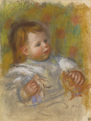 A pastel drawing of a baby in a white smock reaching out with both hands, against a loosely hatched ochre background, in gold and russet tones.