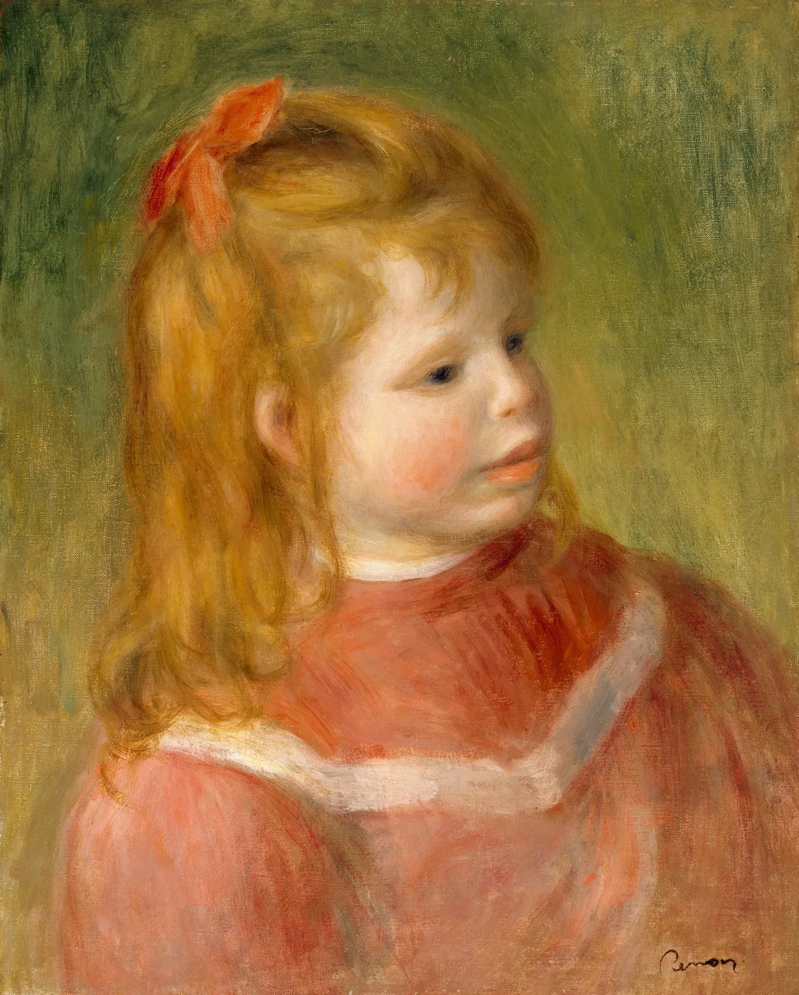 A child with a red ribbon in golden hair looks aside, wearing a pink smock with a white collar, against a green background, in pink and gold tones.