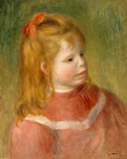 A child with a red ribbon in golden hair looks aside, wearing a pink smock with a white collar, against a green background, in pink and gold tones.