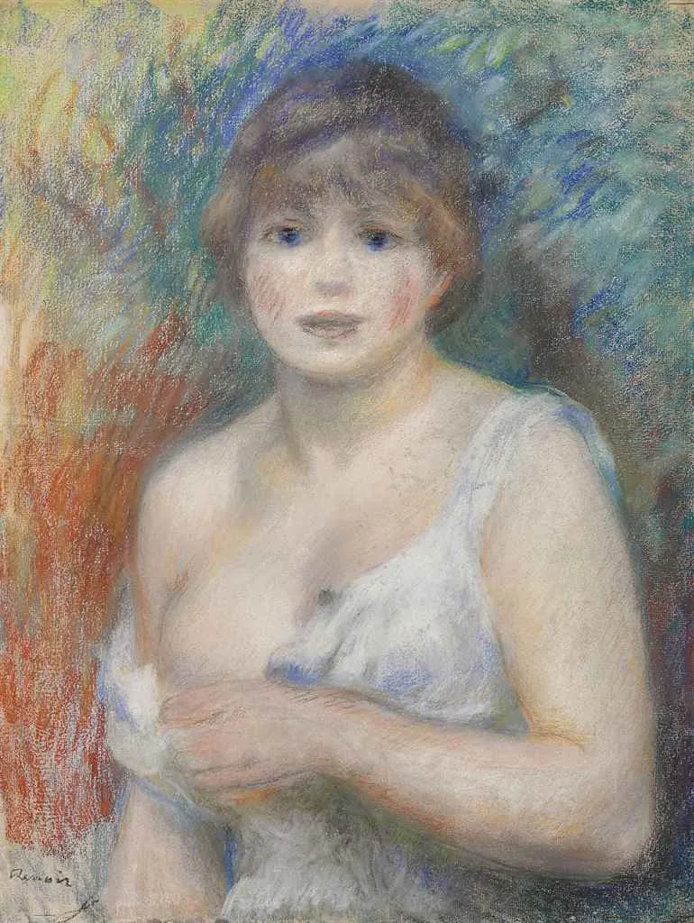 A young woman with blue eyes and blushed cheeks in a loose white chemise, against a soft green and blue background, in pastel tones
