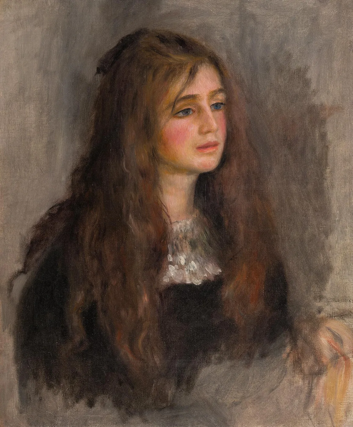 A young woman with long loose auburn hair and a wistful expression wears a dark bodice with a lace collar, set against a soft grey background