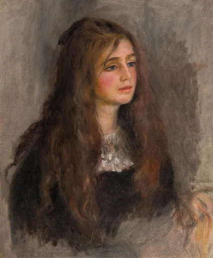 A young woman with long loose auburn hair and a wistful expression wears a dark bodice with a lace collar, set against a soft grey background