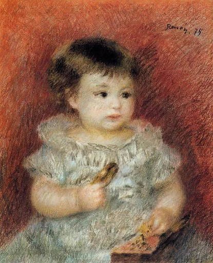 A dark-haired toddler in a ruffled white dress holding an object, set against a warm terracotta background, in rust, cream, and pink