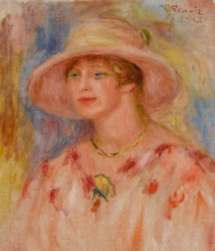 A woman in a wide straw hat and thin gold necklace wears a floral-dotted dress, against a loosely brushed blue and yellow background, in peach and blue tones.