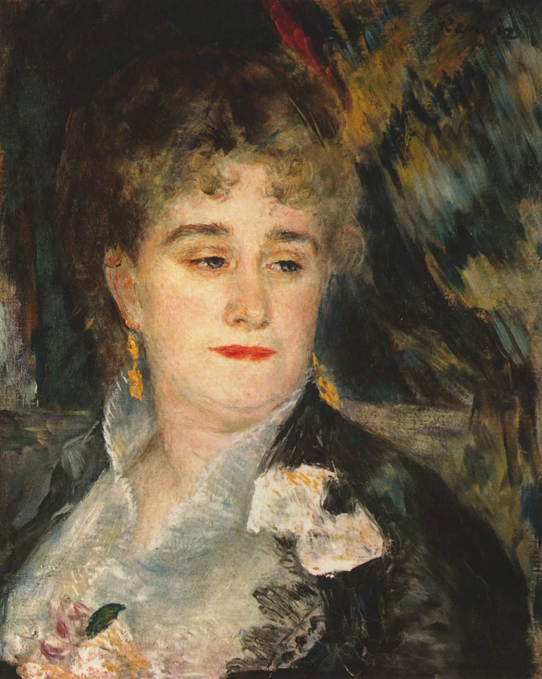 A close portrait of a woman with curly reddish hair and gold earrings wearing a white lace collar, in dark brown, cream, and touches of gold
