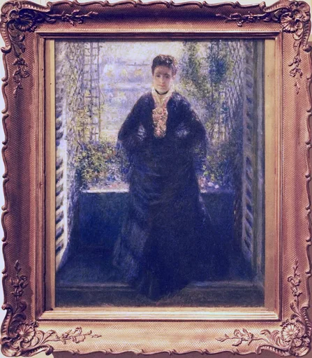 A woman in a dark fur-trimmed coat stands on a balcony framed by trellises and a garden, painted in deep navy, green, and soft cream.