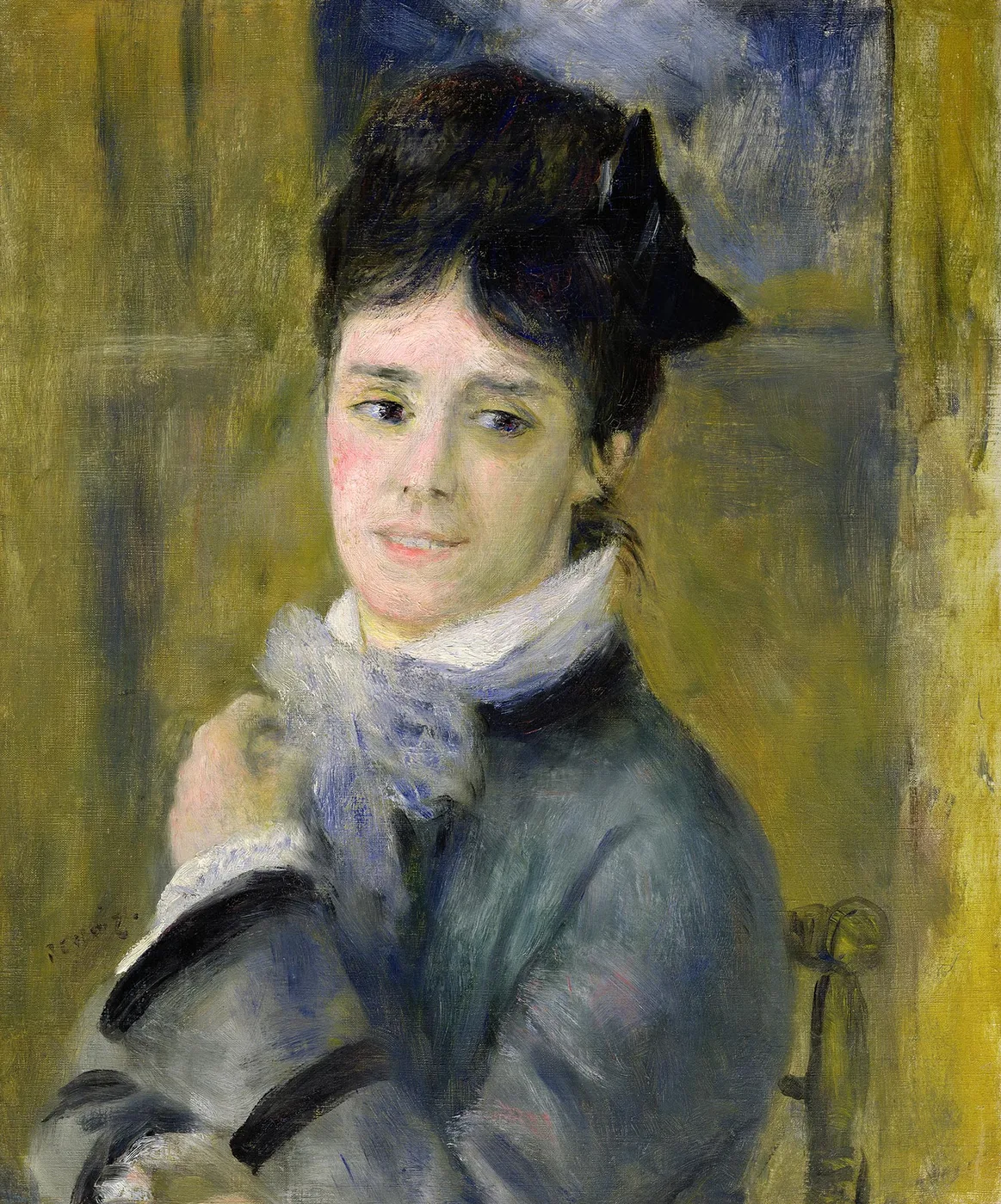 A dark haired woman in a blue jacket with a black bow in her hair and a white lace scarf sits against a mustard yellow background