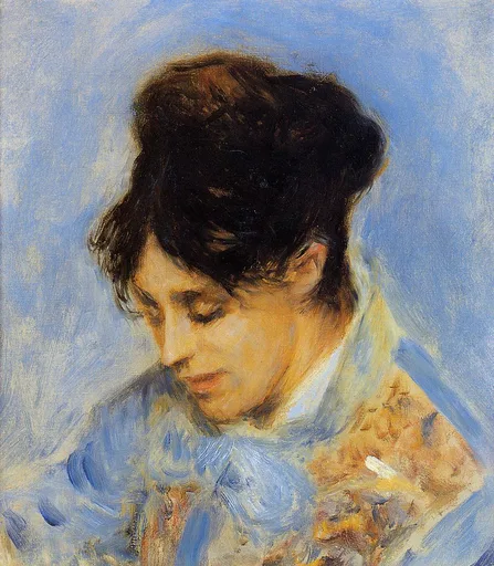 A dark-haired woman in a blue scarf and patterned jacket looks downward, against a pale blue background, in soft blue, brown, and cream tones