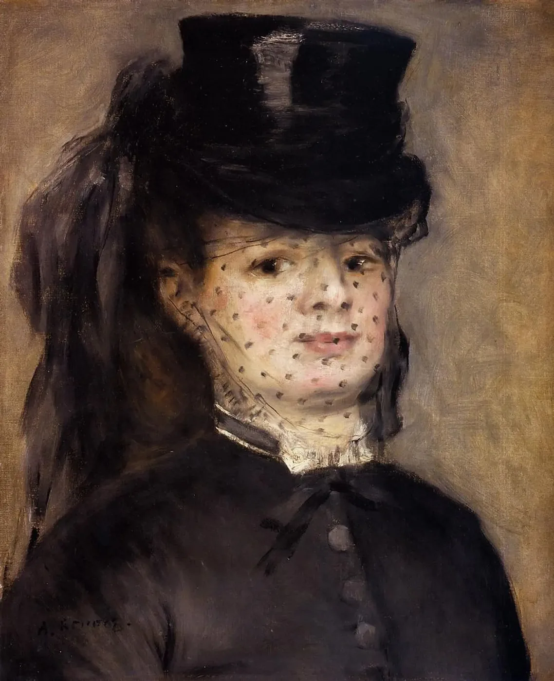 A woman in a black top hat and black dress wears a spotted veil over her face, painted in black, warm tan, and pale flesh tones.