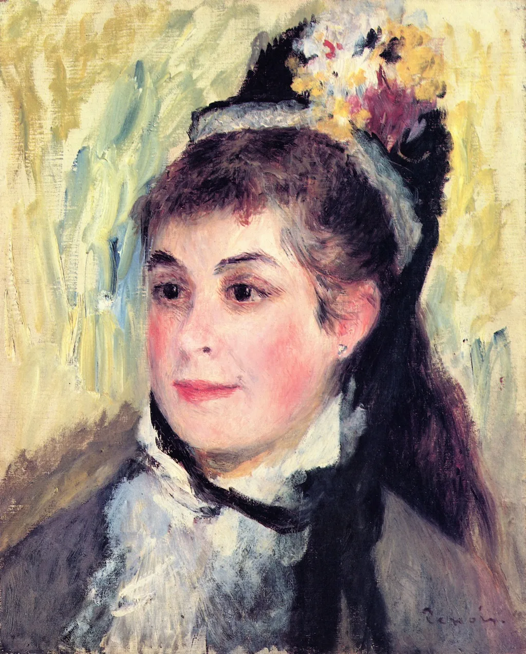 A woman with rosy cheeks wearing a black hat trimmed with flowers and a white lace collar, in cream, yellow, and soft grey