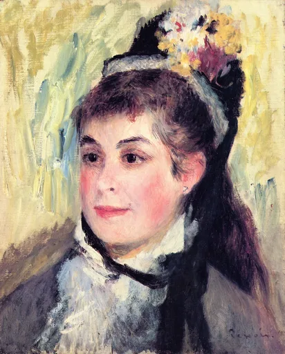 A woman with rosy cheeks wearing a black hat trimmed with flowers and a white lace collar, in cream, yellow, and soft grey
