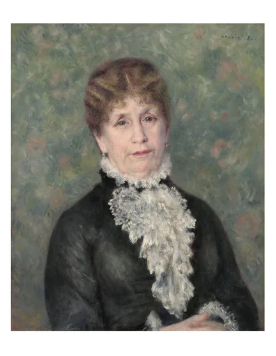 A woman with parted auburn hair and pearl earrings wears a black dress with a lace jabot, against a mottled floral background, in green and black tones.