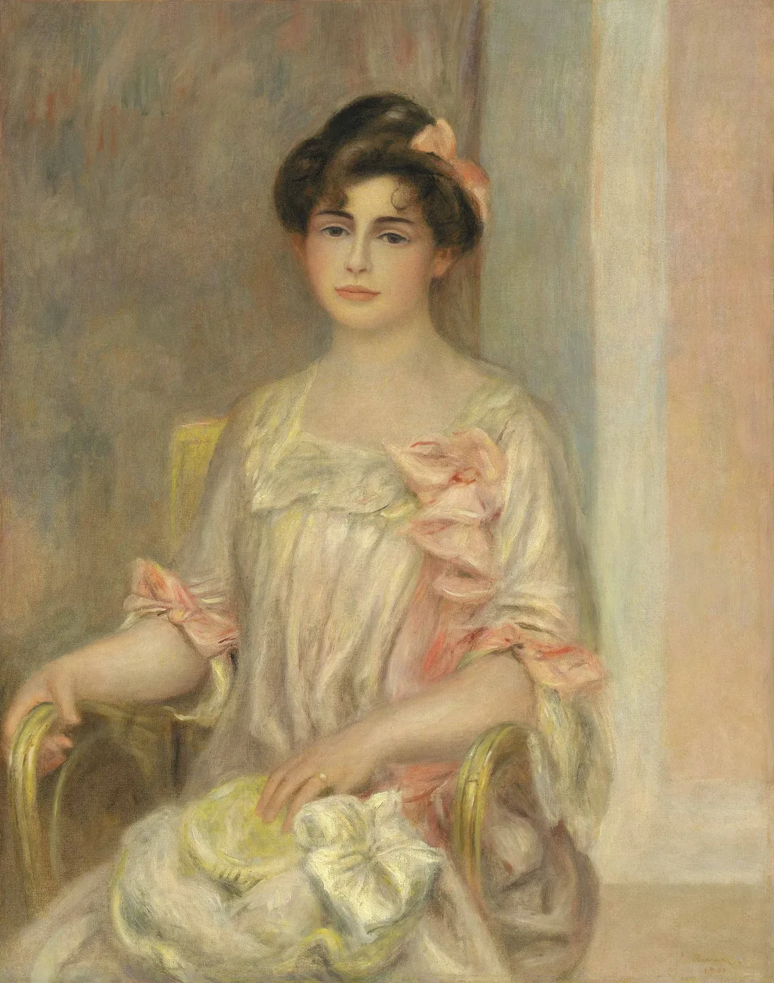 A young woman seated in a chair wearing a ruffled white dress with pink ribbons and a bow in her hair, in soft pink, cream, and beige