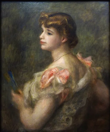 A woman in profile with a pearl necklace wears an off-shoulder gown trimmed with a pink bow, holding a fan, against a dark green background.