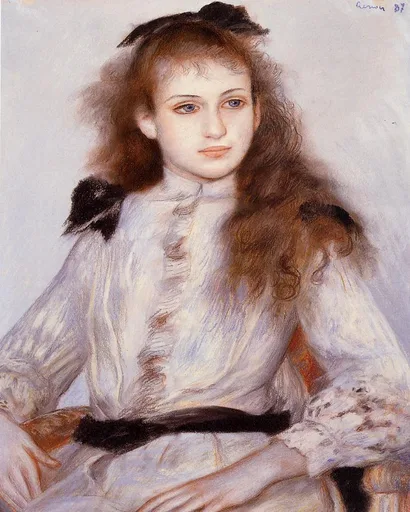 A girl with long auburn hair and a black bow, seated in a white dress with a black sash, in soft lavender, cream, and rust