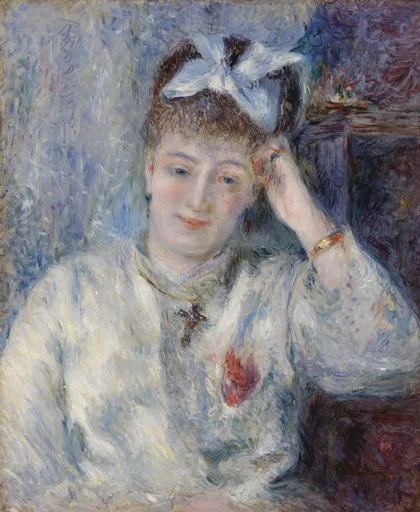 A young woman in a pale blouse rests her head against her hand, a white bow in her hair and a red flower pinned at her chest, painted in soft blues and creams.