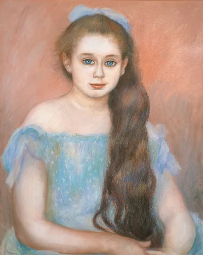 A young girl with long brown hair and a blue ribbon wears an off-shoulder blue dress against a warm coral background, in coral, blue, and cream tones.