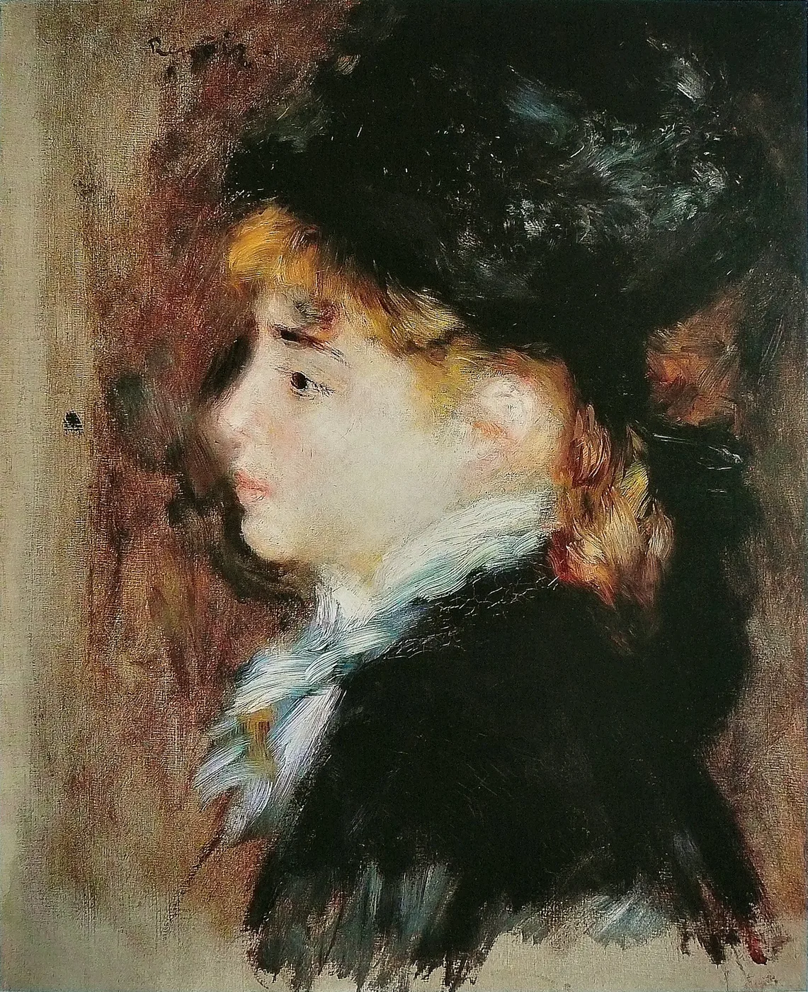 A young woman in profile wears a large dark hat and white lace collar against a reddish-brown ground, in black, cream, and golden blonde.