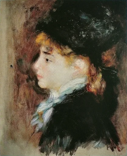 A young woman in profile wears a large dark hat and white lace collar against a reddish-brown ground, in black, cream, and golden blonde.