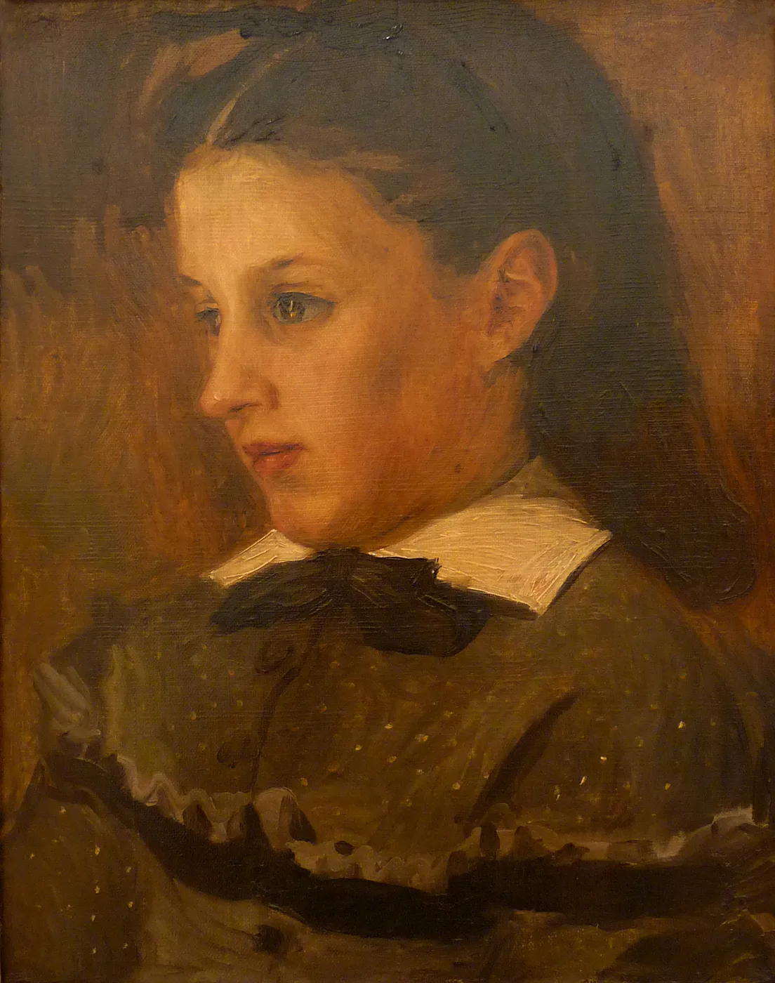 A girl in profile wears a dark polka-dot dress with white collar and black bow against a warm brown background, in brown, cream, and rose tones.