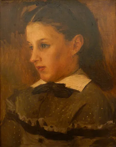 A girl in profile wears a dark polka-dot dress with white collar and black bow against a warm brown background, in brown, cream, and rose tones.