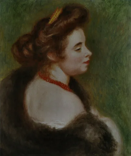 A woman with upswept auburn hair looks over her bare shoulder, wrapped in dark fur against a mottled green background, in deep green and auburn tones.