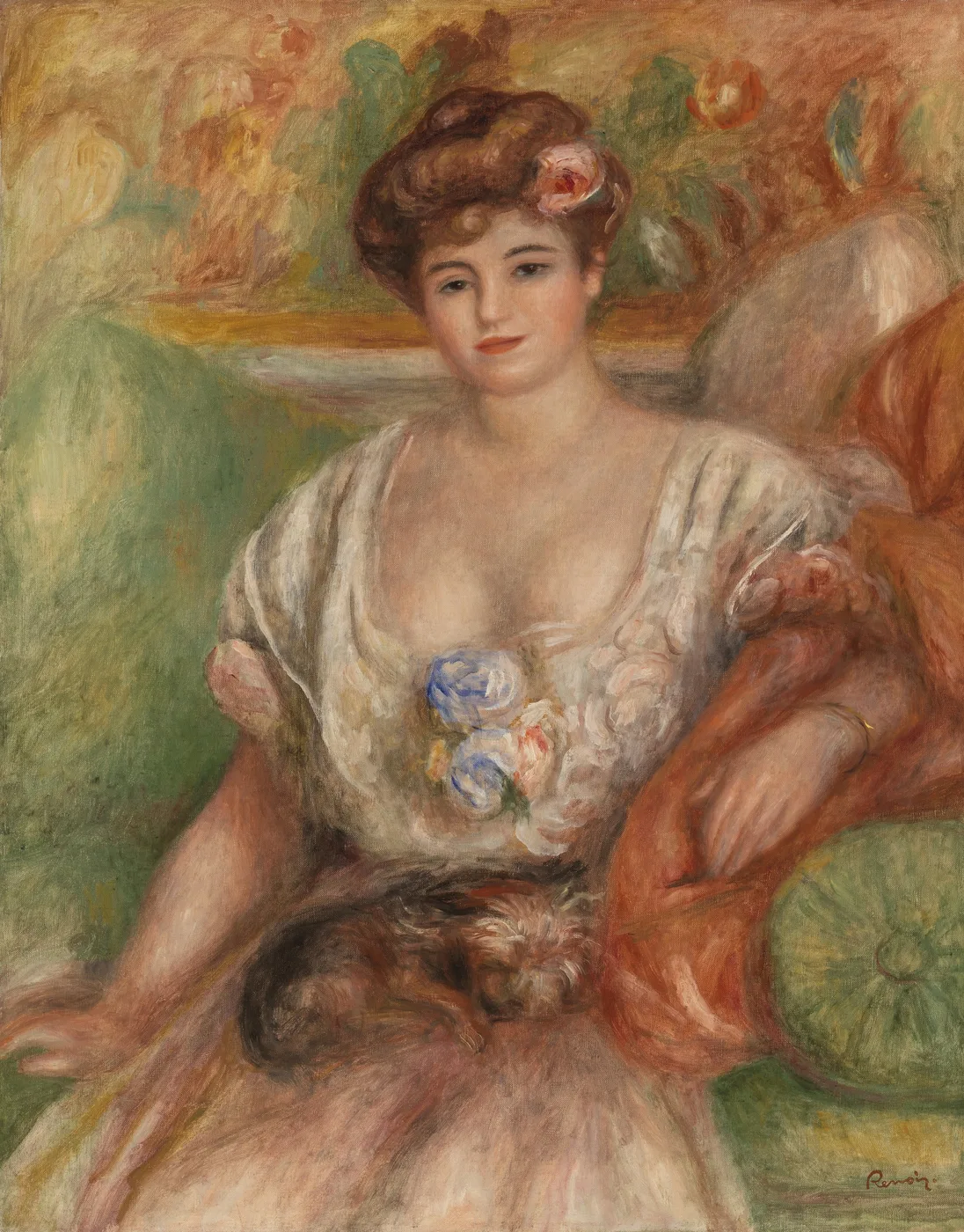 A seated woman in a flower-trimmed white dress holds a small shaggy dog on her lap, a rose tucked in her hair, against warm orange and green tones.