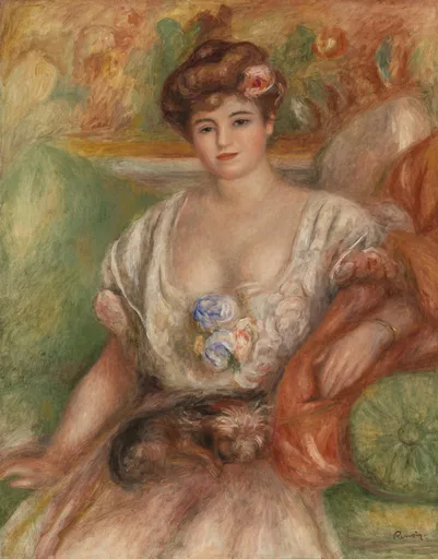 A seated woman in a flower-trimmed white dress holds a small shaggy dog on her lap, a rose tucked in her hair, against warm orange and green tones.
