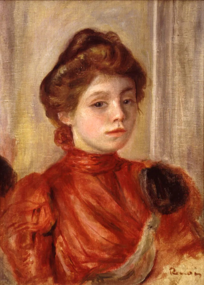A young woman with upswept auburn hair looks out in a high-collared red blouse with dark puffed sleeves, against a muted beige interior.