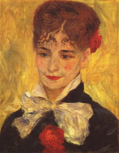 A woman with auburn hair and a red flower tucked behind her ear wears a black coat with a large white bow, set against a glowing yellow background.