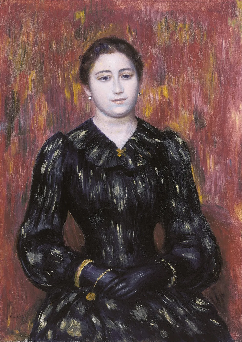 A seated woman in a puff-sleeved black dress with gold jewelry poses against a streaky red and gold background, in black, crimson, and cream.