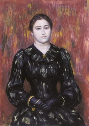 A seated woman in a puff-sleeved black dress with gold jewelry poses against a streaky red and gold background, in black, crimson, and cream.