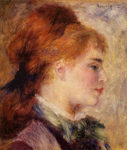 A young woman in profile with auburn hair wears a white collar and green scarf, against a warm cream background, in auburn, cream, and green tones.