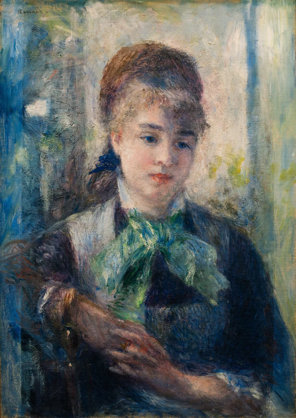 A young woman with auburn hair tied back in a dark bow gazes down thoughtfully, wearing a green scarf over a dark blue jacket, in cool blue and green tones