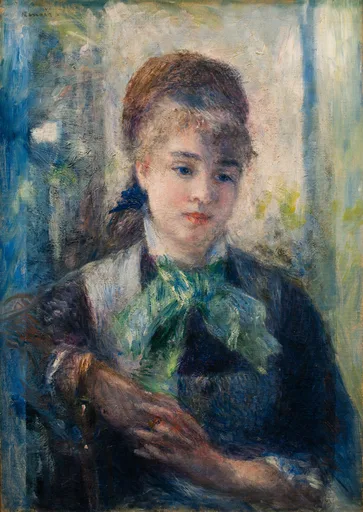 A young woman with auburn hair tied back in a dark bow gazes down thoughtfully, wearing a green scarf over a dark blue jacket, in cool blue and green tones