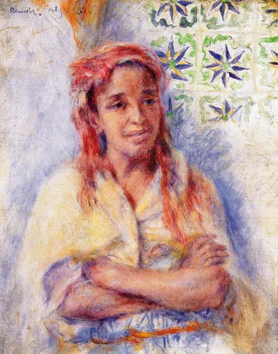 A woman with a red headscarf and arms folded sits before decorated star-patterned tiles, painted in soft violet, yellow, and red tones.