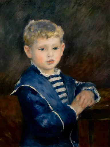 A blond boy in a dark blue sailor suit with striped shirt rests his arm on a railing against a dark background, in navy blue, white, and warm flesh tones.