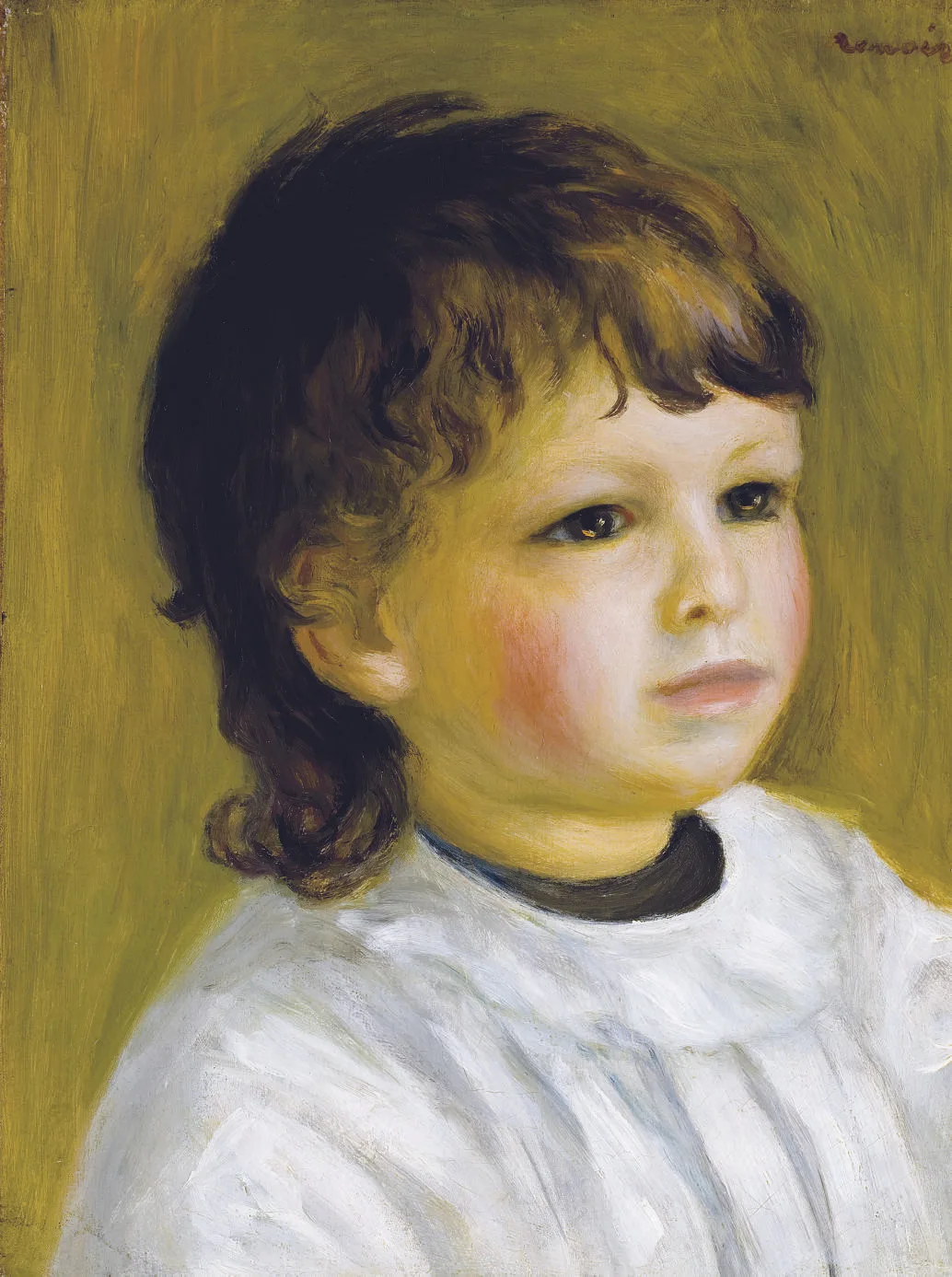 A curly-haired child with rosy cheeks in a white ruffled collar gazes to the side, against a mustard-yellow background, in warm ochre, white, and brown tones