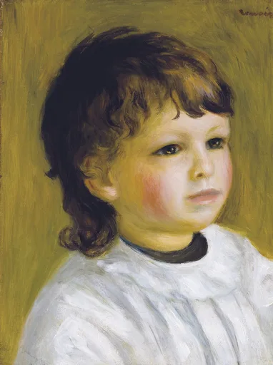 A curly-haired child with rosy cheeks in a white ruffled collar gazes to the side, against a mustard-yellow background, in warm ochre, white, and brown tones