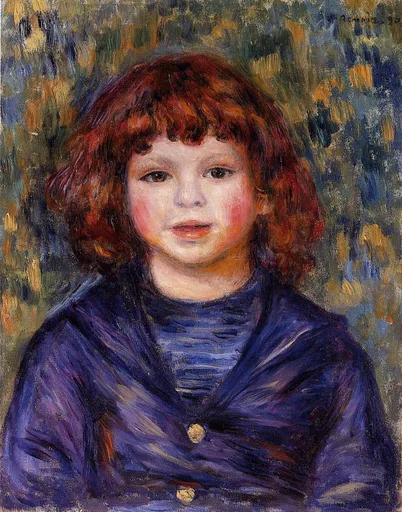 A curly red-haired child in a blue sailor jacket with gold buttons faces forward, against a dappled green and gold background, in blue and auburn tones.