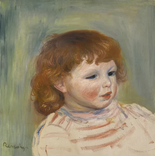 A curly red-haired child in a striped smock looks to the side, against a sage-green background.