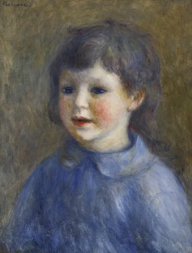 A young child with tousled brown hair and rosy cheeks in a blue smock gazes sideways, against a mottled olive background, in brown and blue tones.