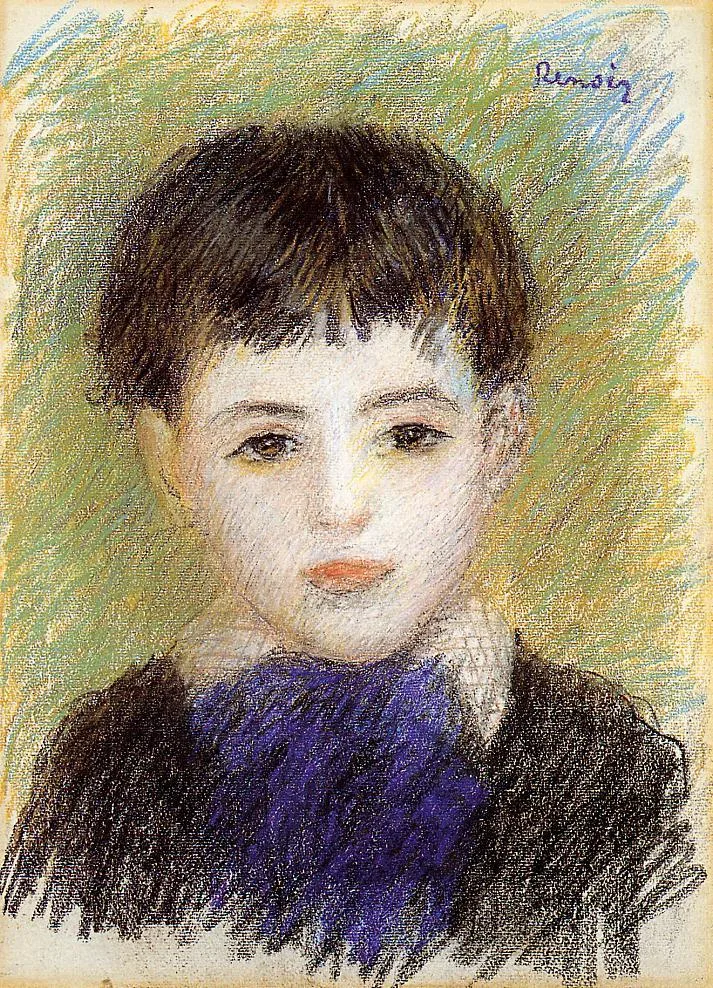 A pastel portrait of a dark-haired boy with a purple scarf at his neck, against a hatched green and gold background, in soft green, purple, and cream tones