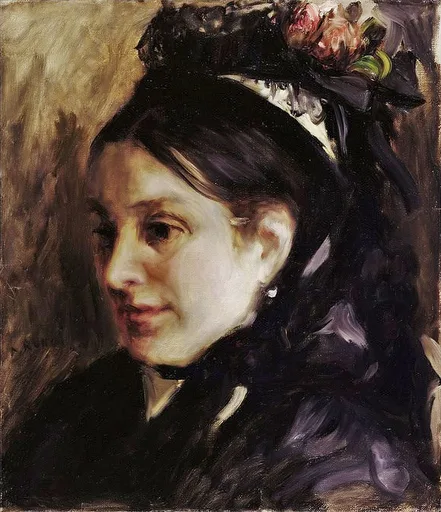 A woman in a dark bonnet trimmed with pink flowers looks down, wearing a black dress with a pearl earring, against a brown background, in black and cream tones.