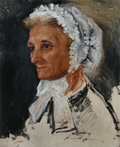 An elderly woman in profile wears a ruffled white bonnet and lace collar over a dark dress, against a dark background, in warm brown, white, and black tones