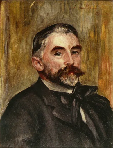 A grey-bearded man with a large moustache in a dark coat and grey scarf, shown head and shoulders against a golden ochre backdrop
