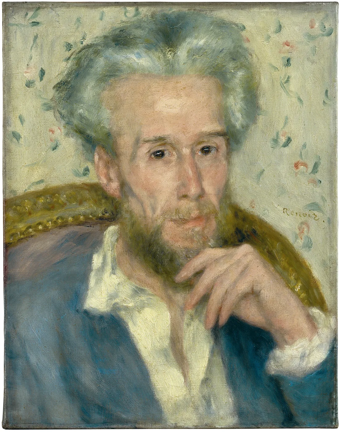 An older bearded man in a blue coat rests his chin on his hand before a floral wallpaper, in silvery gray, pale gold, and light blue.